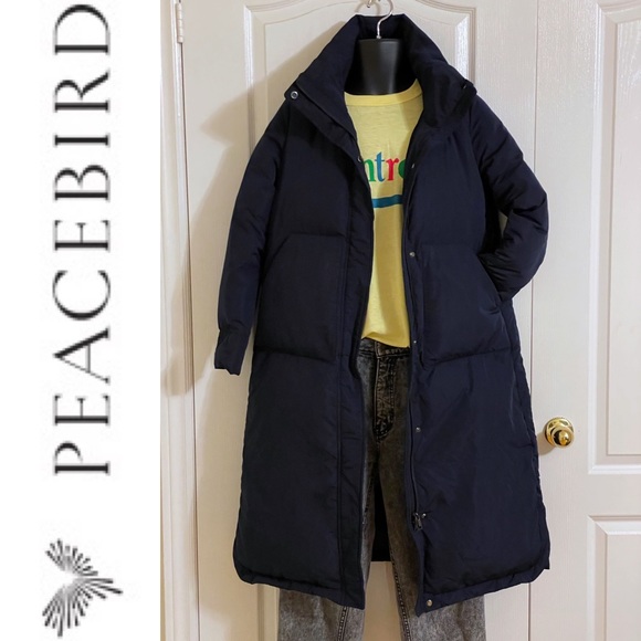 EUC PEACEBIRD midi length down puffer parka coat with hidden hood, navy blue - Picture 2 of 16